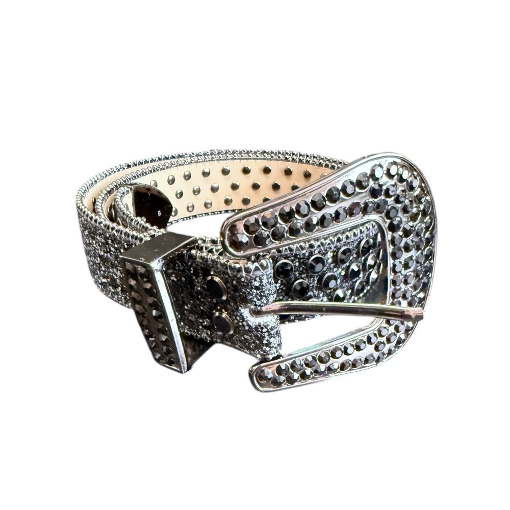 Western Rhinestone Glitter Belt Black Silver Studded‎ Bling 48 Inch Large Buckle